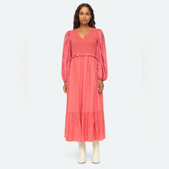 Sea NY Pink Long Sleeved Hattie Ramie Smocked Dress in Sorbet Ruffled - Picture 6 of 14